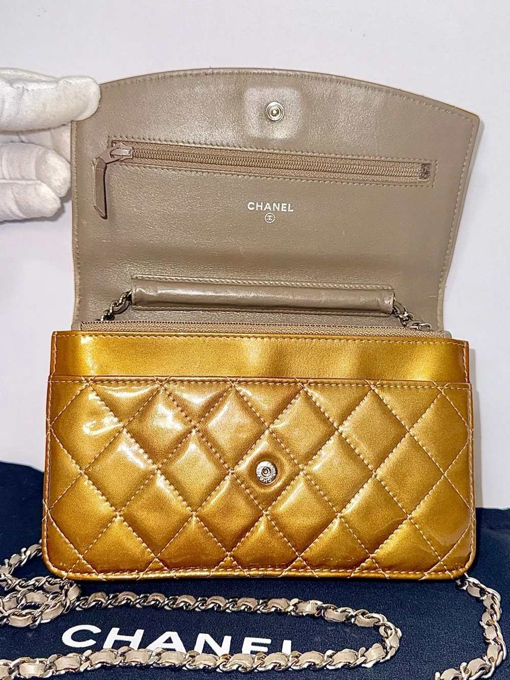 CHANEL Metallic champagne Patent Quilted WOC Silver Hardware RARE Color
